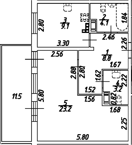 Планировка — Дом на Бронницкой, 1-комн., 48 м²