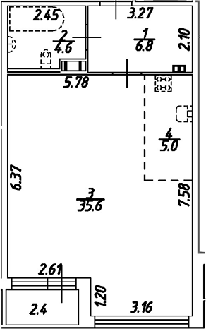 Планировка — Дом на Бронницкой, Студия, 52 м²