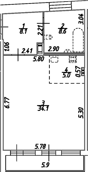 Планировка — Дом на Бронницкой, Студия, 56 м²