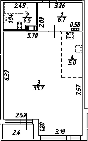 Планировка — Дом на Бронницкой, Студия, 52 м²