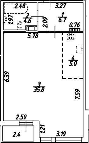 Планировка — Дом на Бронницкой, Студия, 52 м²