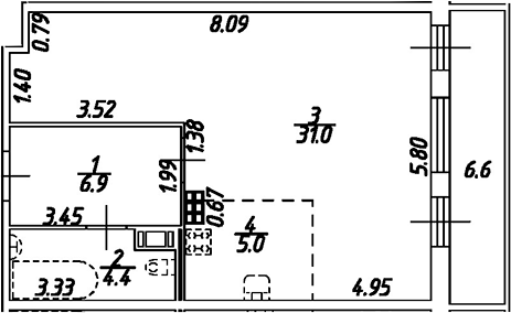 Планировка — Дом на Бронницкой, Студия, 47 м²