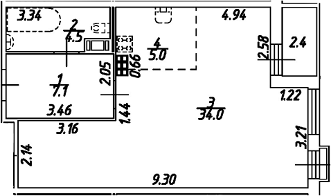 Планировка — Дом на Бронницкой, Студия, 51 м²