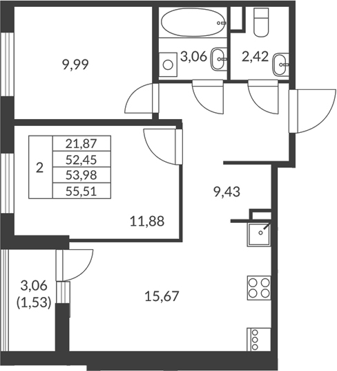 Планировка — Амурино, 2-комн., 52 м²