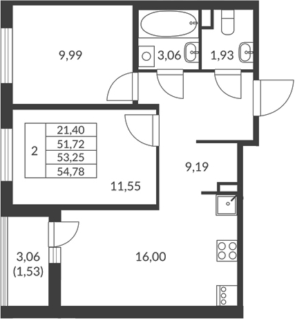 Планировка — Амурино, 2-комн., 52 м²