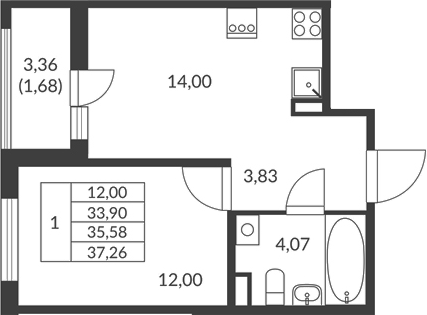 Планировка — Амурино, 1-комн., 34 м²