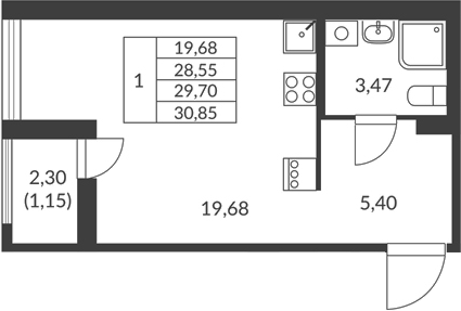 Планировка — Амурино, Студия, 29 м²