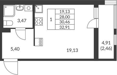 Планировка — Амурино, Студия, 28 м²