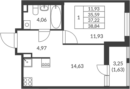 Планировка — Амурино, 1-комн., 36 м²