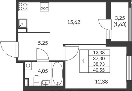 Планировка — Амурино, 1-комн., 37 м²