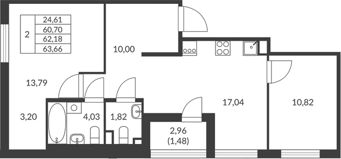 Планировка — Амурино, 2-комн., 61 м²