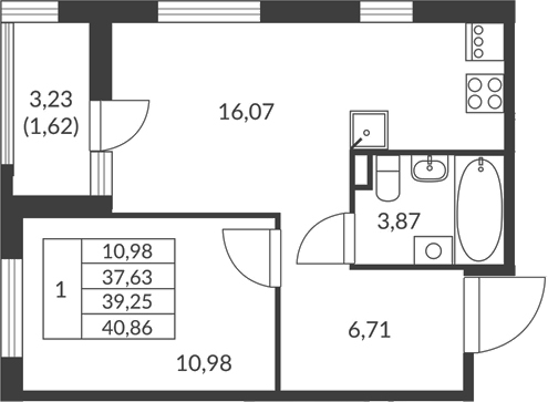 Планировка — Амурино, 1-комн., 38 м²