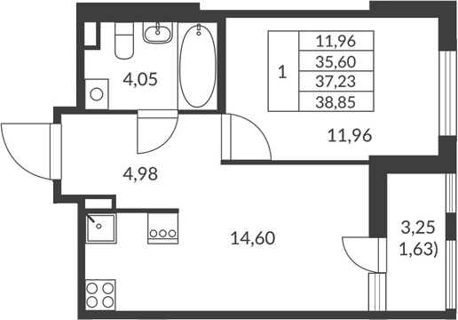 Планировка — Амурино, 1-комн., 36 м²