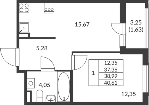 Планировка — Амурино, 1-комн., 37 м²