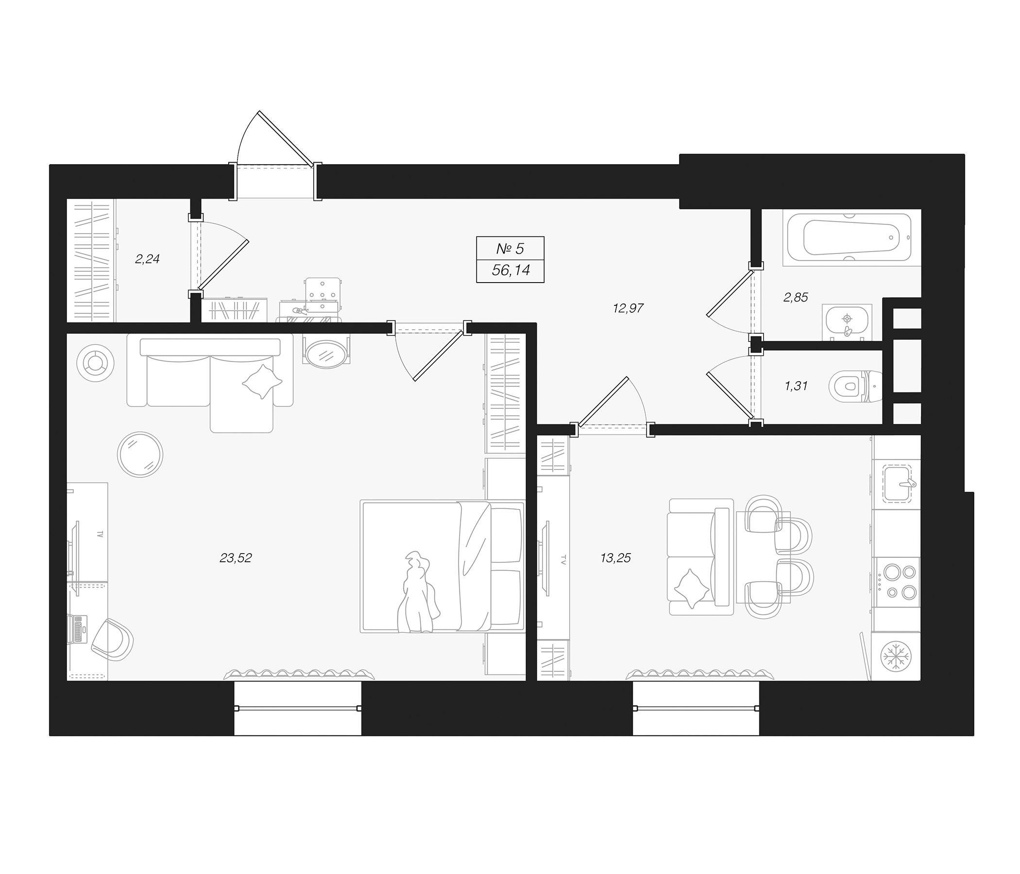 Планировка — Феникс Рощино, 2-комн., 56 м²