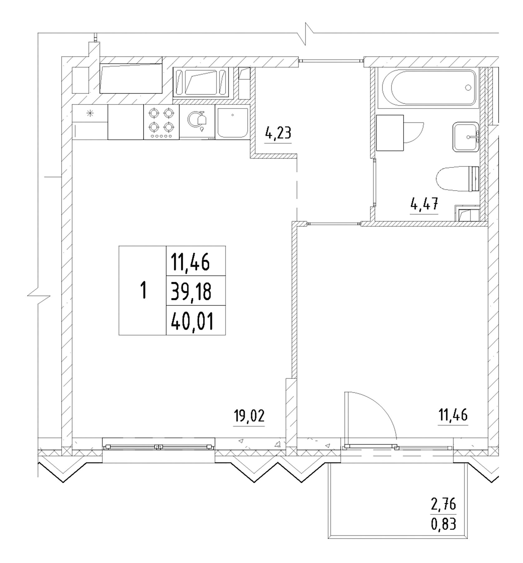 Планировка — RESPECT, 2-комн., 39 м²