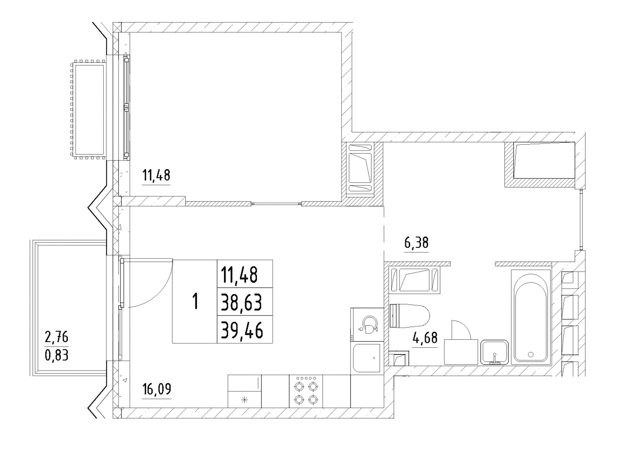 Планировка — RESPECT, 1-комн., 39 м²