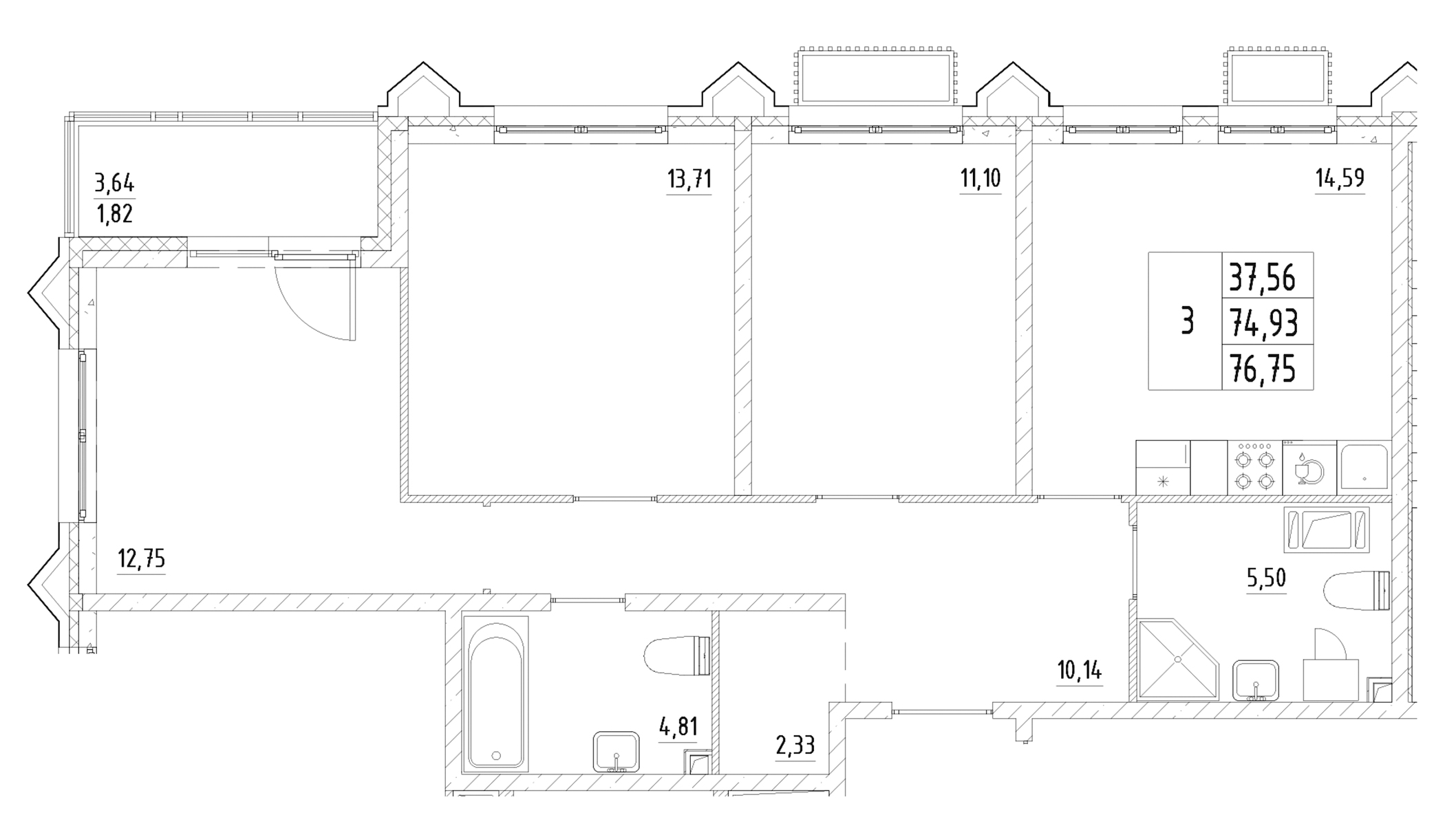 Планировка — RESPECT, 3-комн., 75 м²