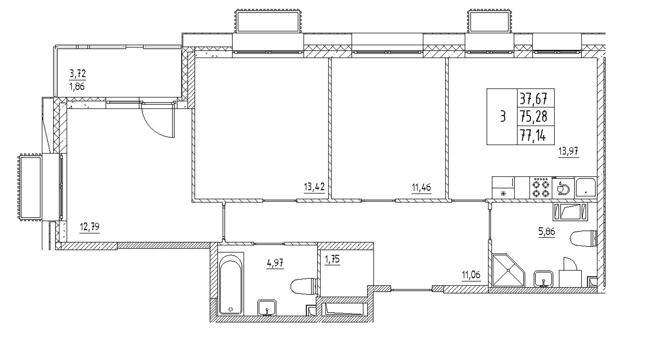 Планировка — RESPECT, 3-комн., 75 м²