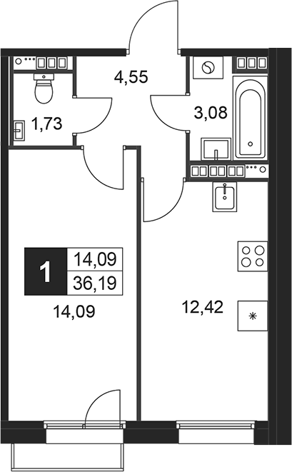 Планировка — Слобода, 1-комн., 36 м²