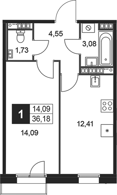 Планировка — Слобода, 1-комн., 36 м²