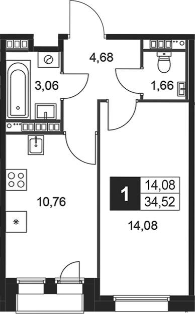 Планировка — Слобода, 1-комн., 34 м²