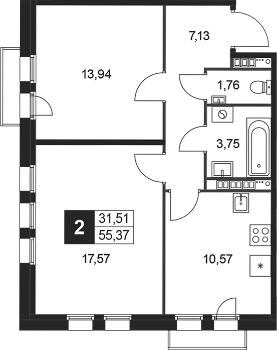 Планировка — Слобода, 2-комн., 55 м²