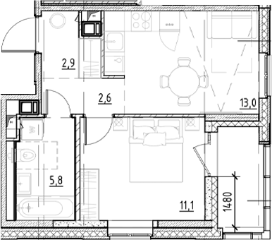 Планировка — Янила Форест, 1-комн., 35 м²