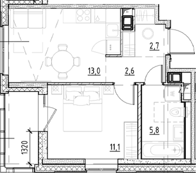 Планировка — Янила Форест, 1-комн., 35 м²