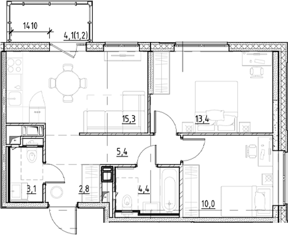 Планировка — Янила Форест, 3-комн., 54 м²