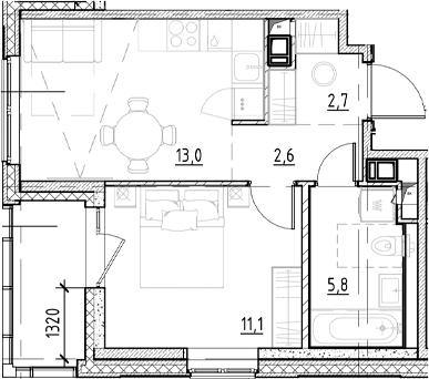 Планировка — Янила Форест, 1-комн., 35 м²