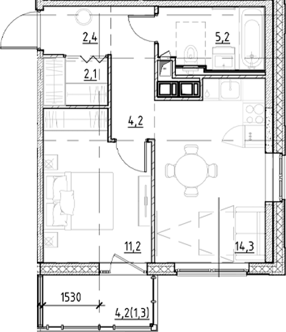 Планировка — Янила Форест, 1-комн., 39 м²