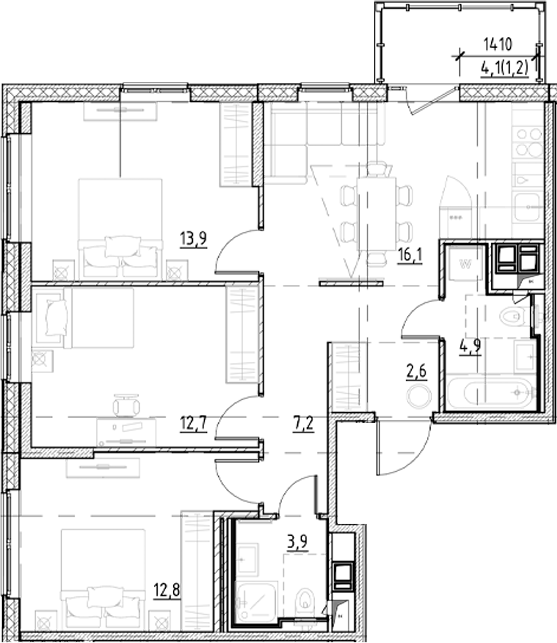Планировка — Янила Форест, 4-комн., 74 м²