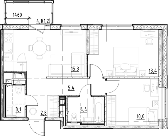 Планировка — Янила Форест, 3-комн., 54 м²