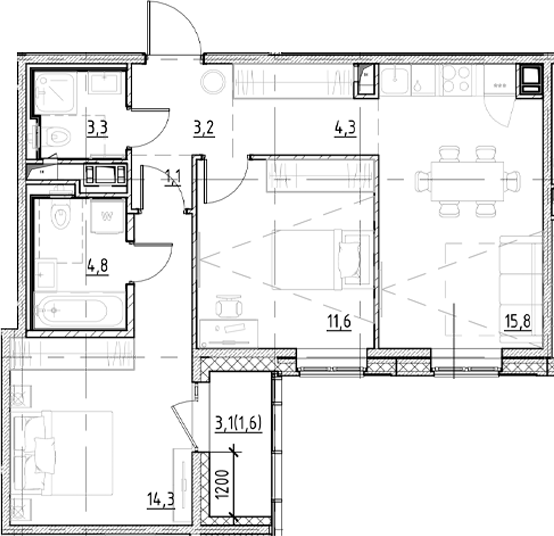 Планировка — Янила Форест, 3-комн., 58 м²