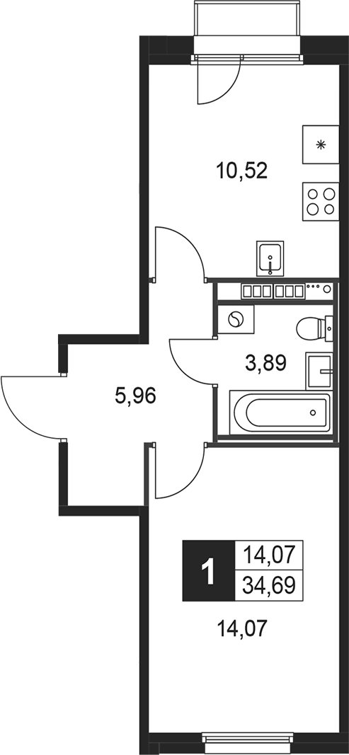 Планировка — Слобода, 1-комн., 34 м²