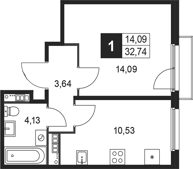 Планировка — Слобода, 1-комн., 32 м²
