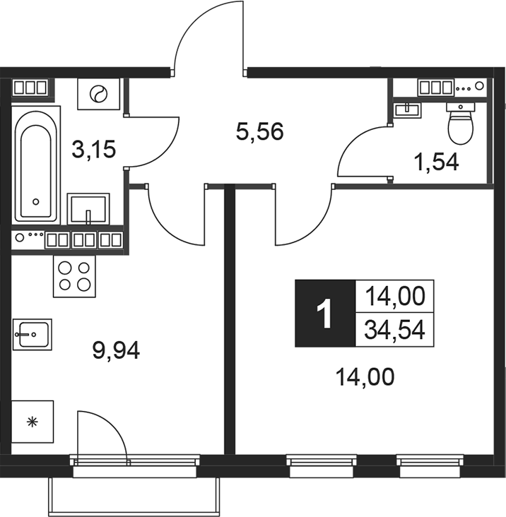 Планировка — Слобода, 1-комн., 34 м²