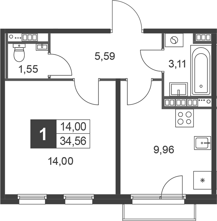 Планировка — Слобода, 1-комн., 34 м²