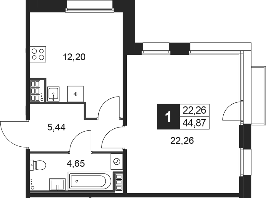 Планировка — Слобода, 1-комн., 45 м²