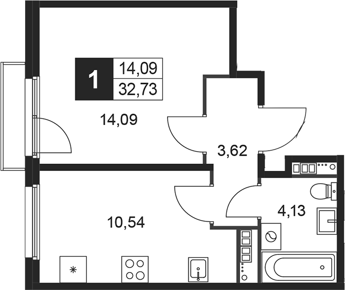 Планировка — Слобода, 1-комн., 32 м²