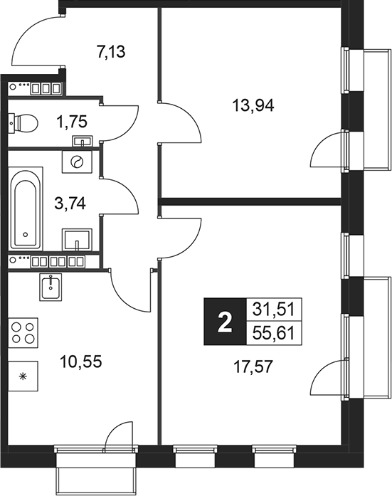 Планировка — Слобода, 2-комн., 55 м²