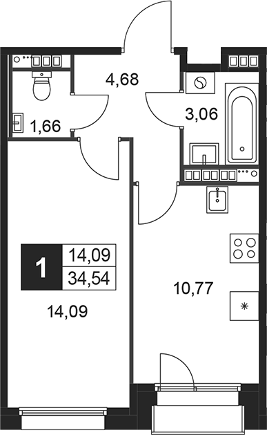 Планировка — Слобода, 1-комн., 34 м²