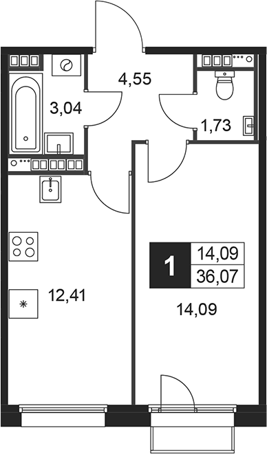 Планировка — Слобода, 1-комн., 36 м²