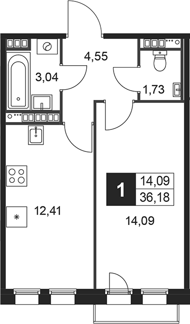 Планировка — Слобода, 1-комн., 36 м²