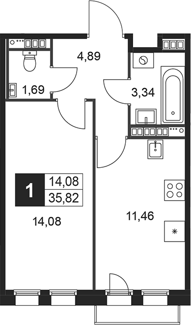 Планировка — Слобода, 1-комн., 35 м²