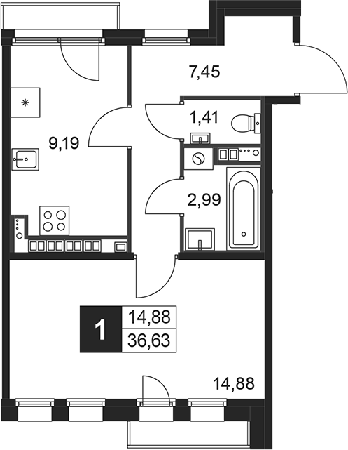 Планировка — Слобода, 1-комн., 36 м²