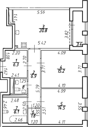 Планировка — Дефанс, 3-комн., 74 м²