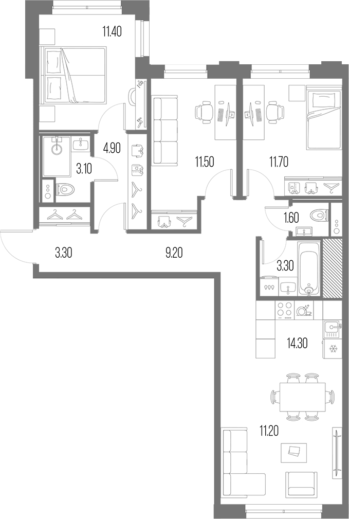 Планировка — Легенда на Охте, 4-комн., 86 м²