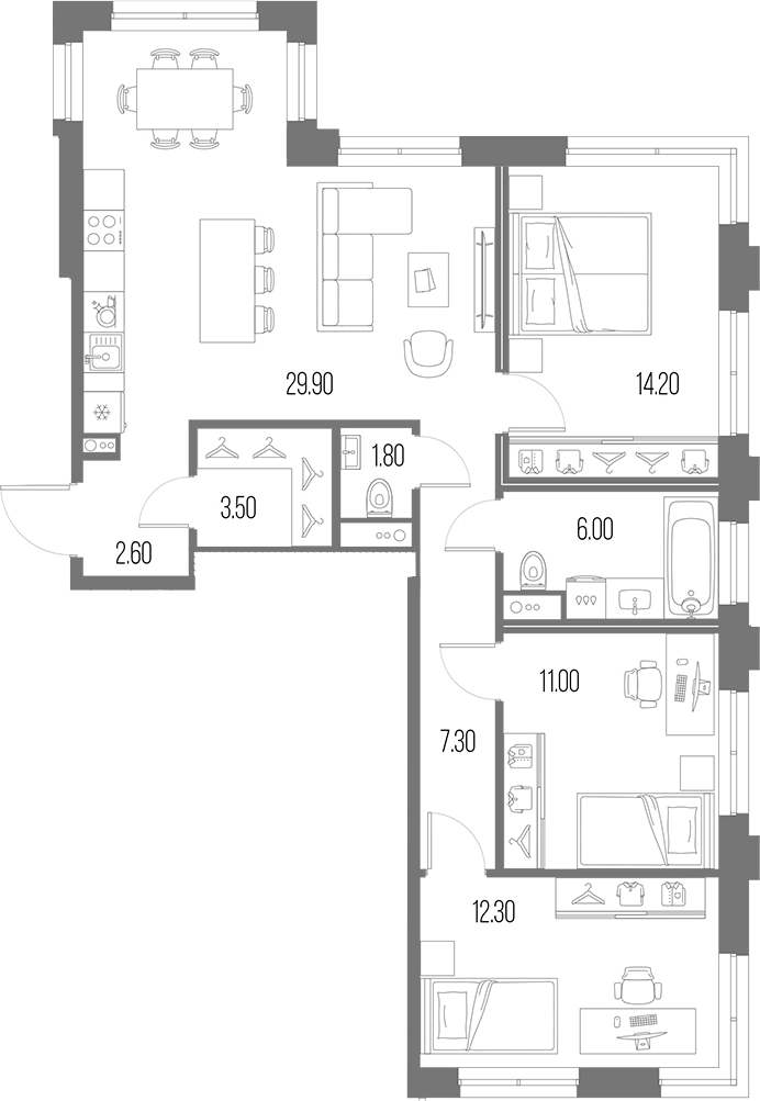 Планировка — Легенда на Охте, 4-комн., 89 м²